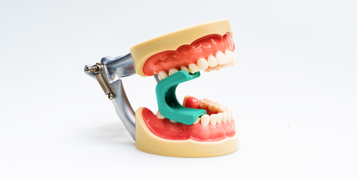 LogiBloc bite block holding the mouth open in a dental typodont, with a concave cutout for clear access to the working area