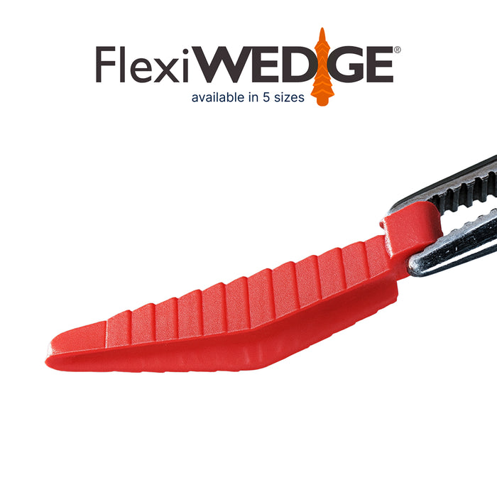 FlexiWedge interproximal dental wedge held in a placement instrument, available in 5 sizes