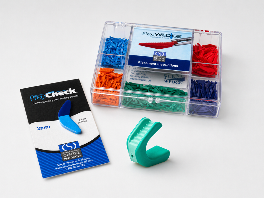 Dental flexible wedge kit showing a clear organizer box with multiple color-coded wedges, a green 2mm FlexWedge, a PrepCheck instruction card, and a box of 2mm FlexWedge on a white background.