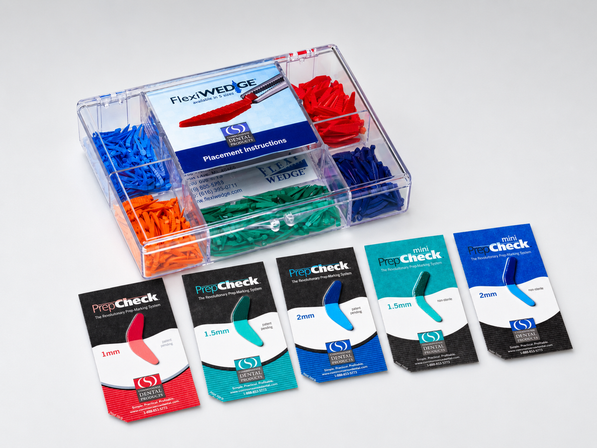 A clear plastic organizer tray holding multiple packs of FlexCheck Flex wedges in assorted colors, with five individual product cards displayed in front on a light gray background.