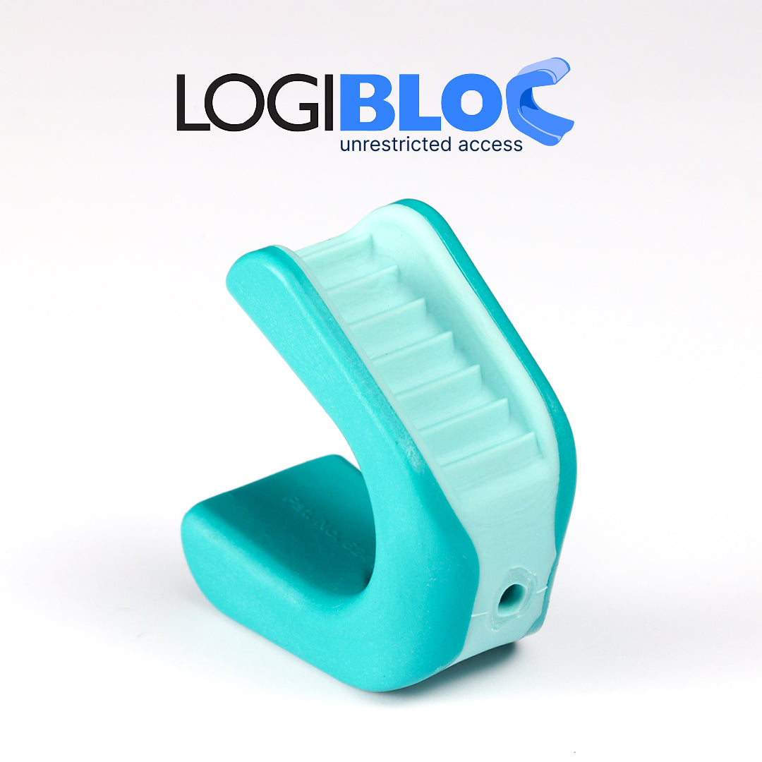 Teal LogiBloc bite block designed for unrestricted access