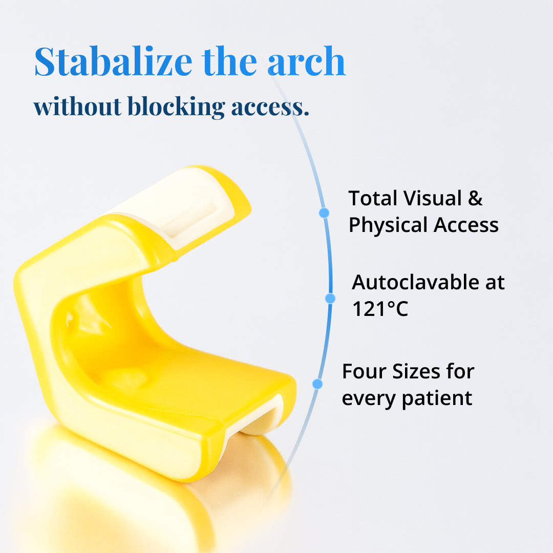 LogiBloc infographic: stabilizes the arch without blocking access, autoclavable at 121°C, four sizes for every patient